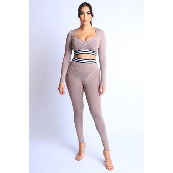 Women's Striped Elastic Waist Band Reverse Cover Stitch Detailed 2 Piece Set - Picture 9 of 9